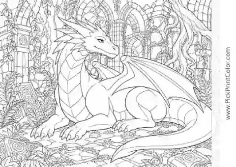 Ancient Dragon Resting Among Forest Ruins black-and-white coloring page