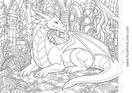 Ancient Dragon Resting Among Forest Ruins black-and-white coloring page