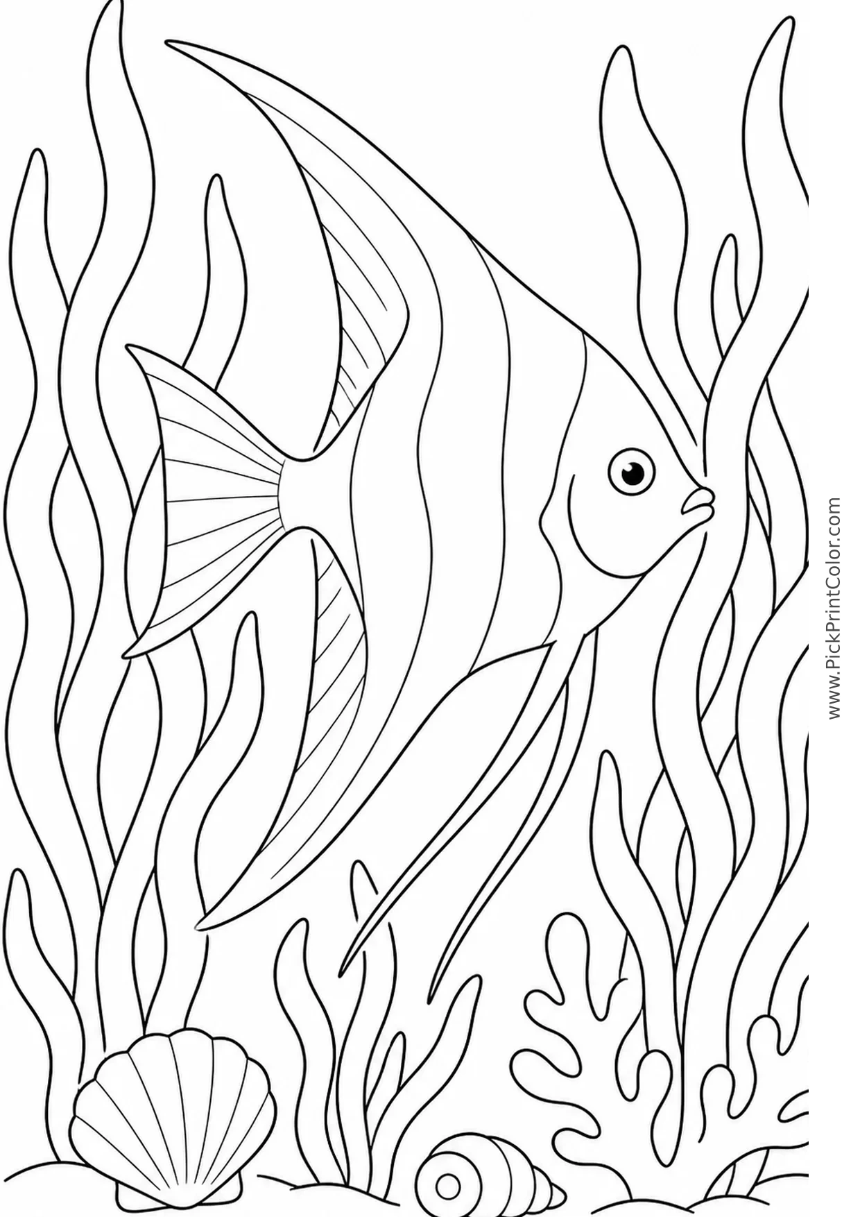 Angelfish Swimming through Tall Seaweed printable black-and-white coloring page