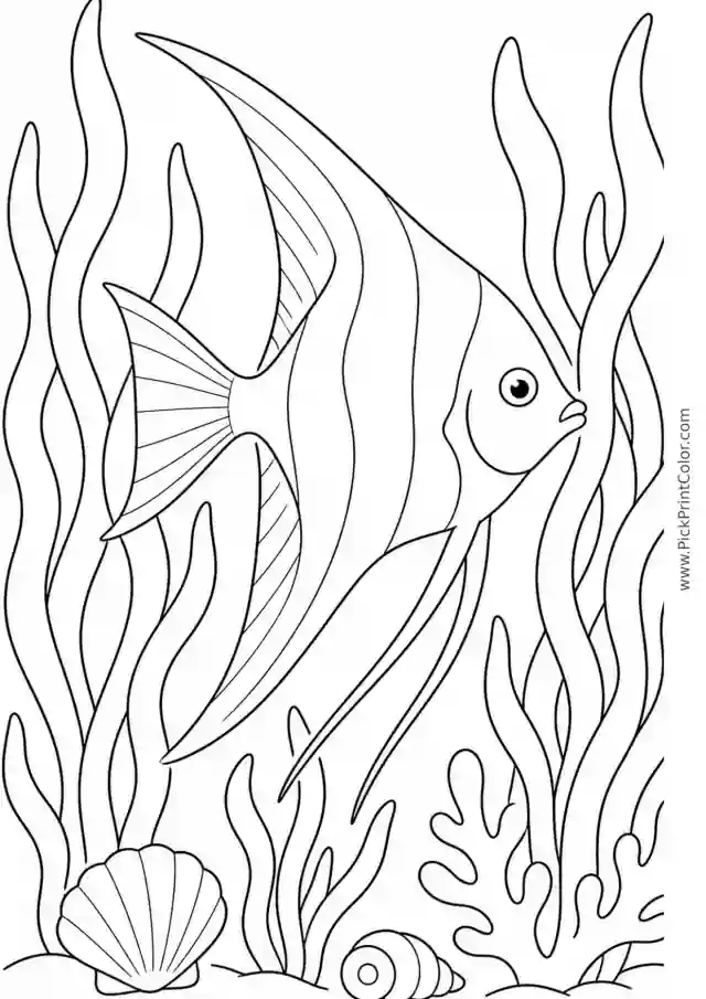 Angelfish Swimming through Tall Seaweed printable black-and-white coloring page