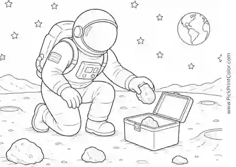 Astronaut Collecting Moon Rocks black-and-white printable coloring page