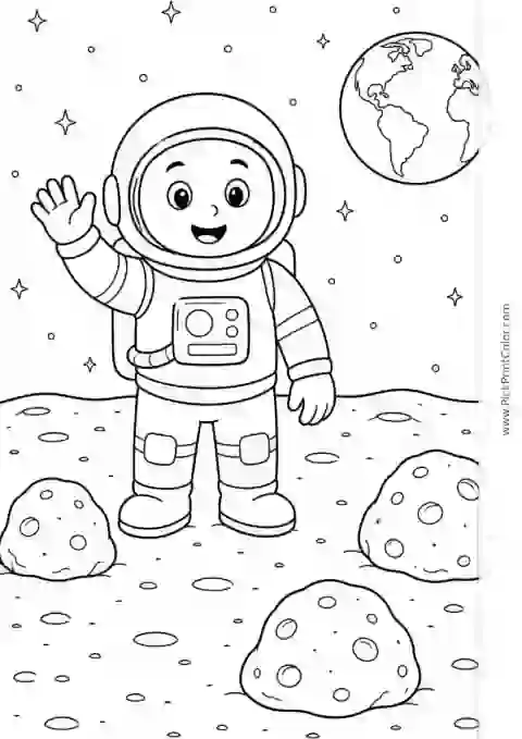 Astronaut Waving on the Moon black-and-white printable coloring page