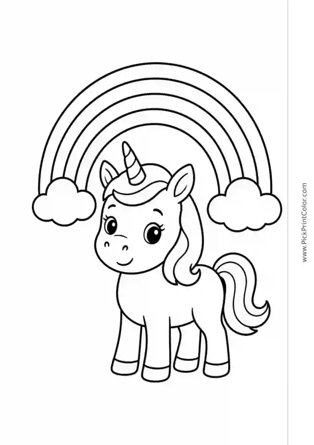 Baby Unicorn with a Big Rainbow black-and-white coloring page