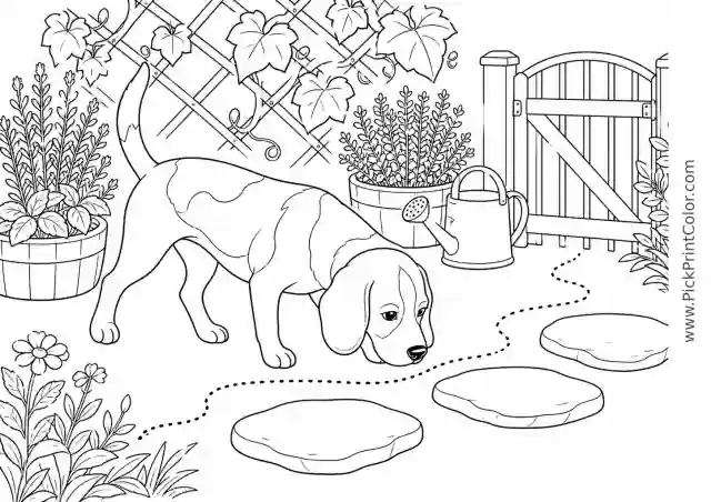 Beagle Following a Garden Scent Trail printable coloring page