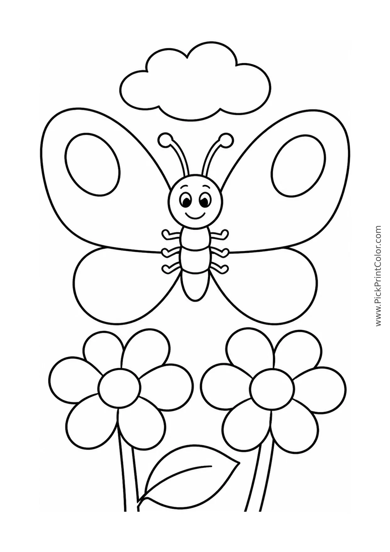 Big Butterfly with Two Flowers printable coloring page