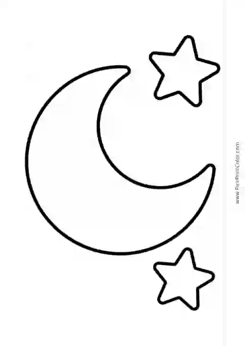 Big Crescent Moon and Two Stars black-and-white printable coloring page