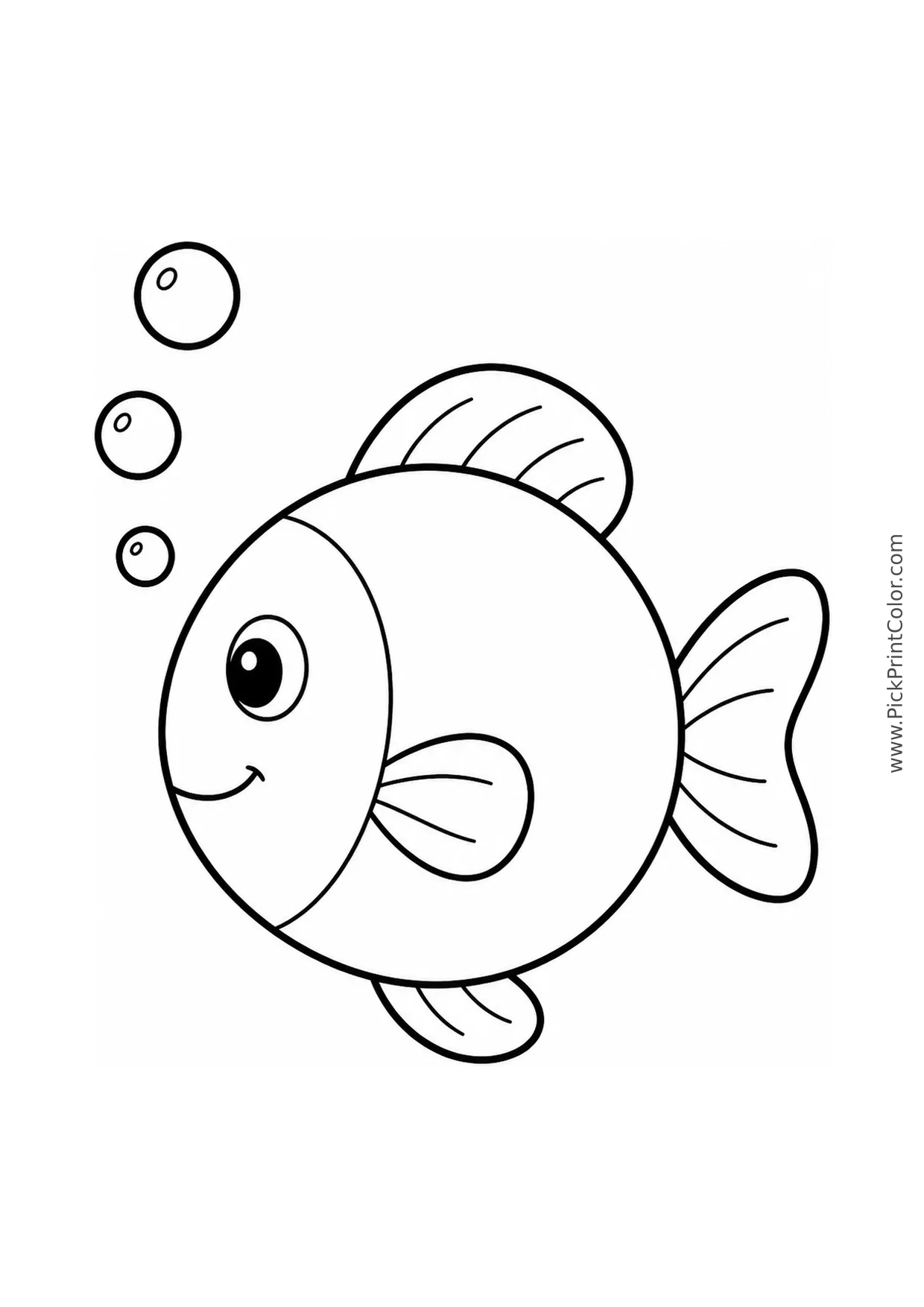 Big Round Fish with Three Bubbles printable black-and-white coloring page