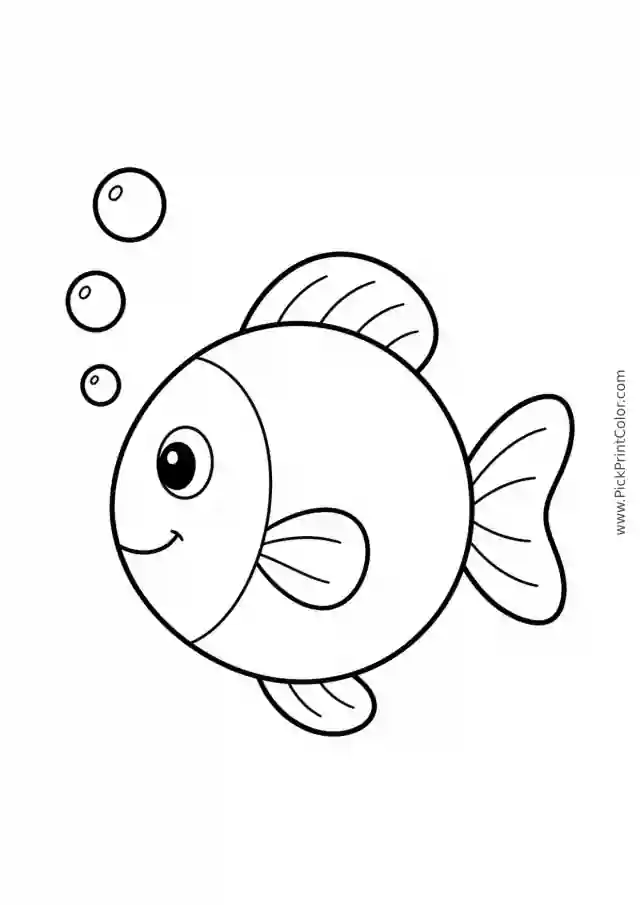 Big Round Fish with Three Bubbles printable black-and-white coloring page