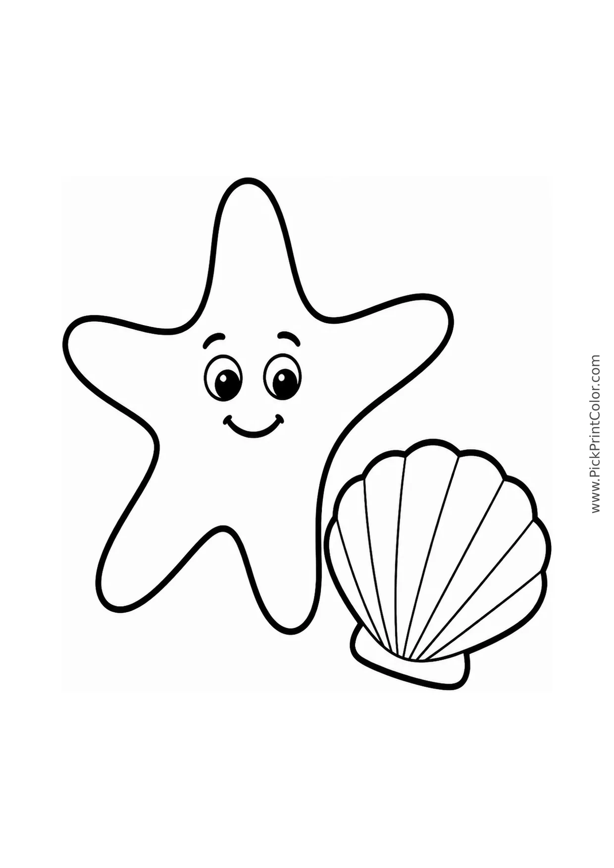 Big Starfish Beside a Shell printable black-and-white coloring page