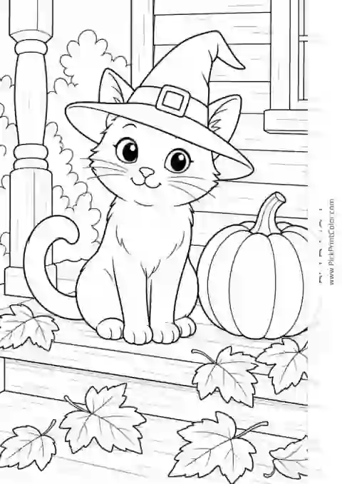Black Cat in a Witch Hat by a Pumpkin black-and-white printable coloring page
