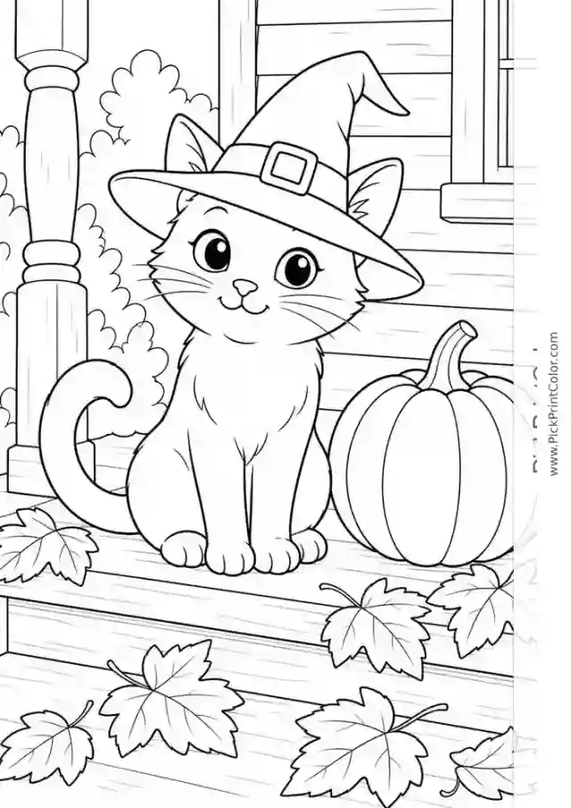 Black Cat in a Witch Hat by a Pumpkin black-and-white printable coloring page