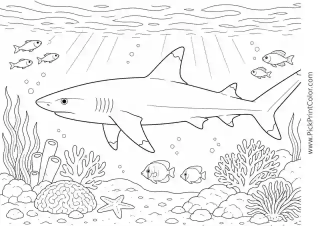 Blacktip Reef Shark in Shallow Water printable black-and-white coloring page