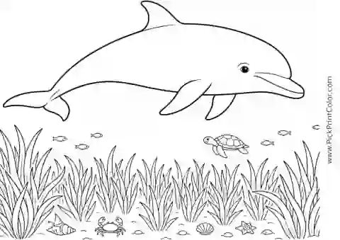 Bottlenose Dolphin over a Seagrass Meadow printable black-and-white coloring page