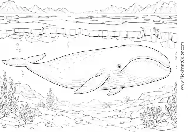 Bowhead Whale beneath Arctic Ice printable black-and-white coloring page