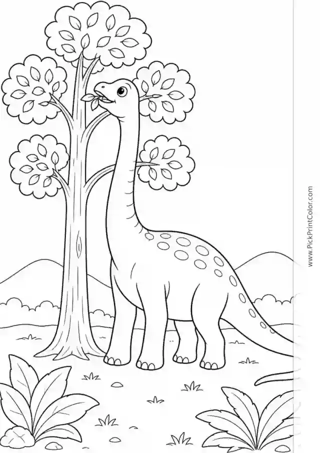Brachiosaurus Reaching the Treetops black-and-white dinosaur coloring page
