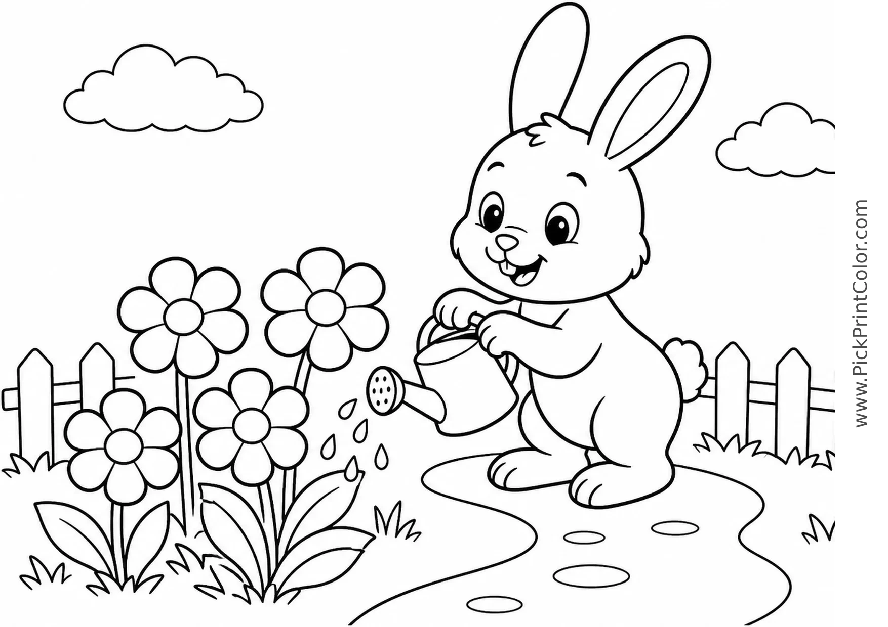 Bunny Watering Garden Flowers printable coloring page