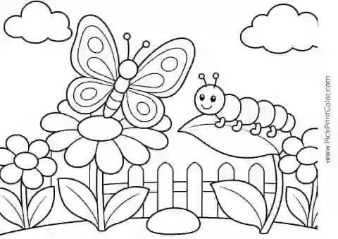 Butterfly and Caterpillar in the Garden printable coloring page
