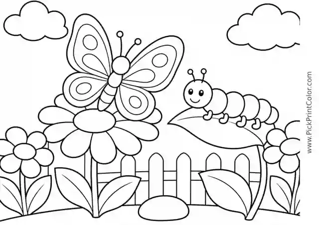 Butterfly and Caterpillar in the Garden printable coloring page