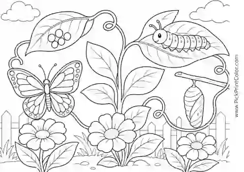 Butterfly Life Cycle in a Garden printable coloring page