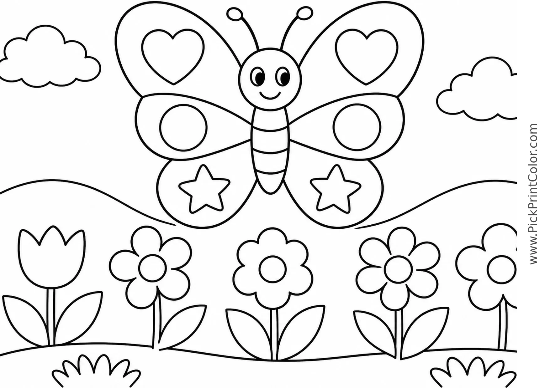 Butterfly over a Simple Flower Meadow printable coloring page