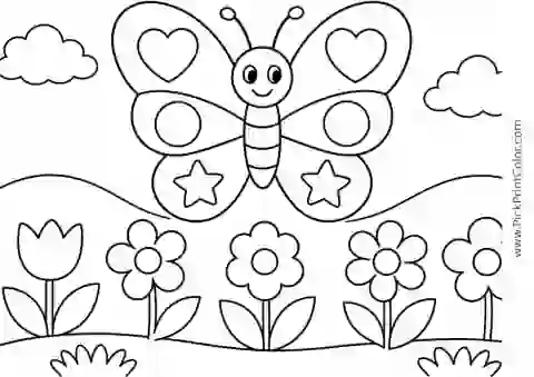 Butterfly over a Simple Flower Meadow printable coloring page
