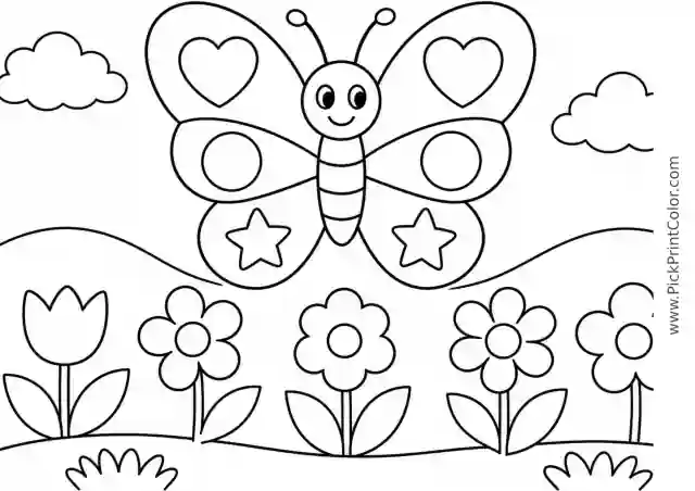 Butterfly over a Simple Flower Meadow printable coloring page
