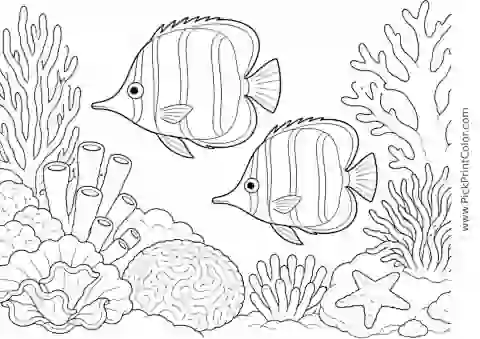 Butterflyfish Pair on a Coral Reef printable black-and-white coloring page