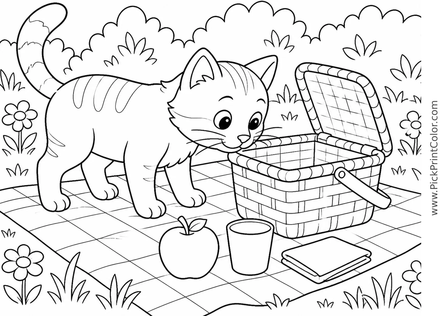 Cat Exploring a Picnic Basket printable coloring page