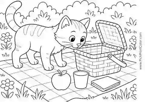 Cat Exploring a Picnic Basket printable coloring page