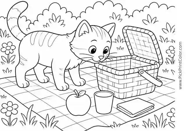 Cat Exploring a Picnic Basket printable coloring page