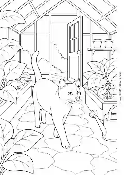 Cat Exploring a Sunny Greenhouse printable coloring page