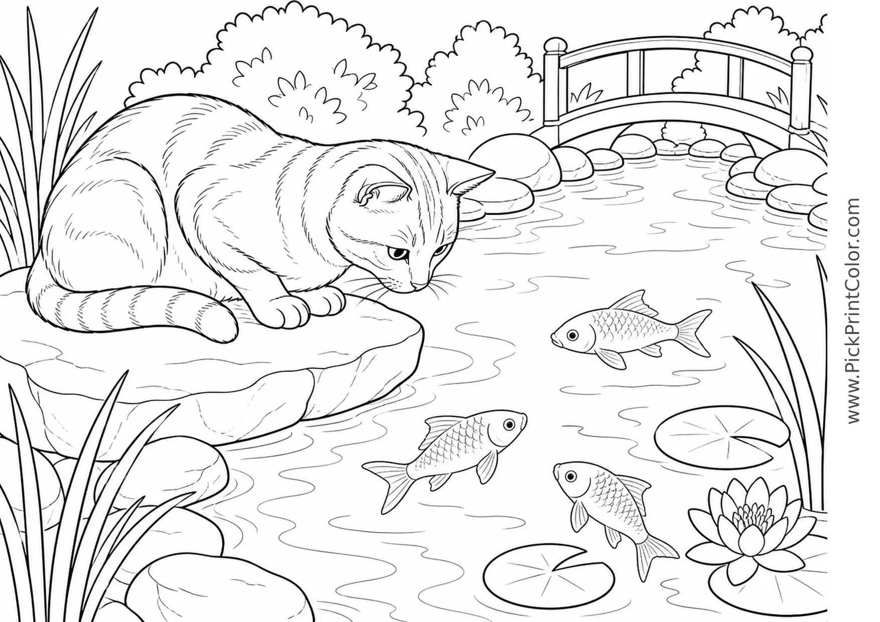 Cat Watching Fish in a Garden Pond printable coloring page