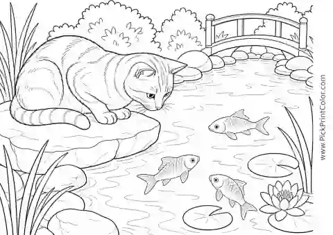 Cat Watching Fish in a Garden Pond printable coloring page