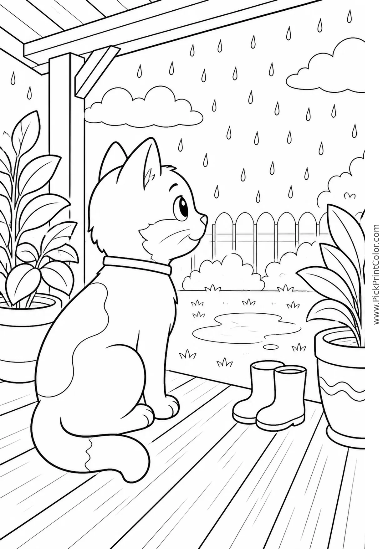 Cat Watching Rain from the Porch printable coloring page