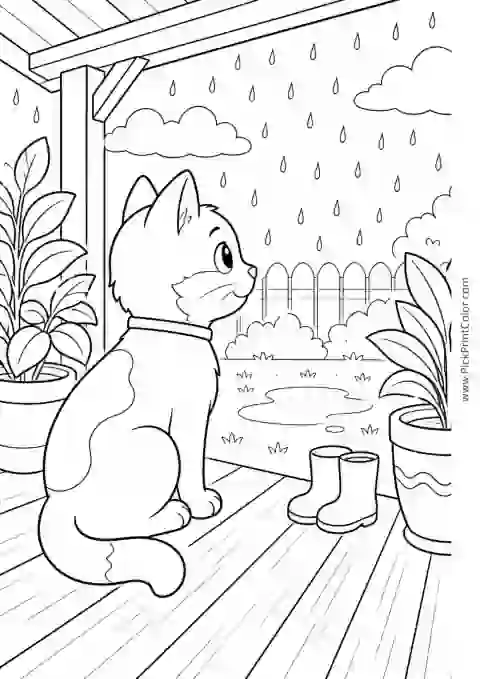 Cat Watching Rain from the Porch printable coloring page