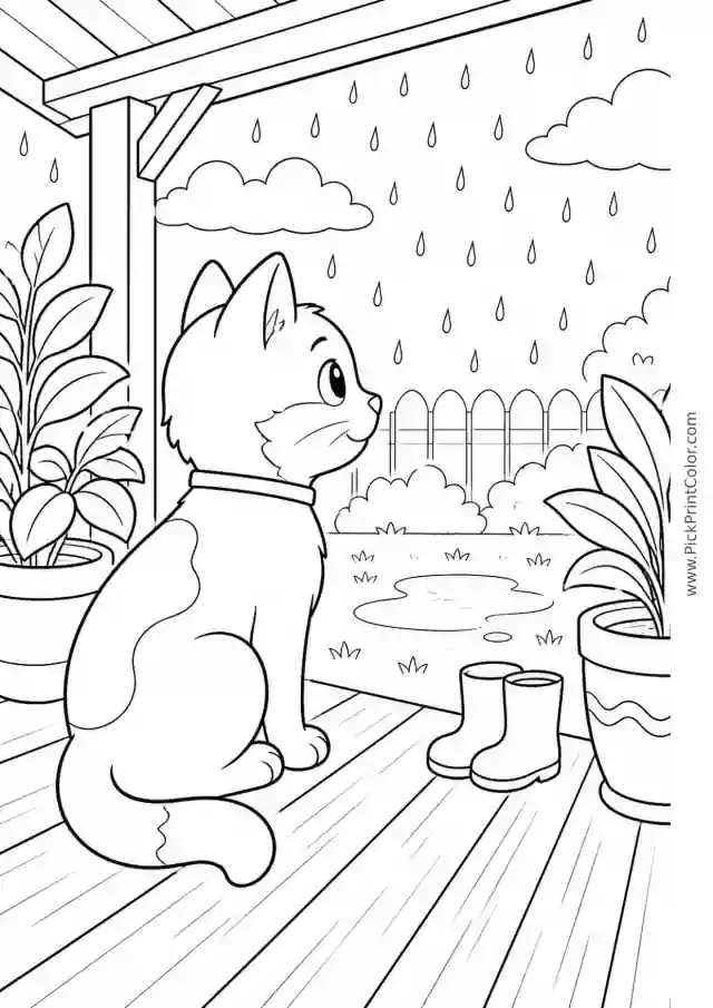 Cat Watching Rain from the Porch printable coloring page
