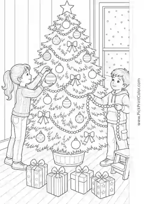 Children Decorating a Tall Christmas Tree black-and-white printable coloring page