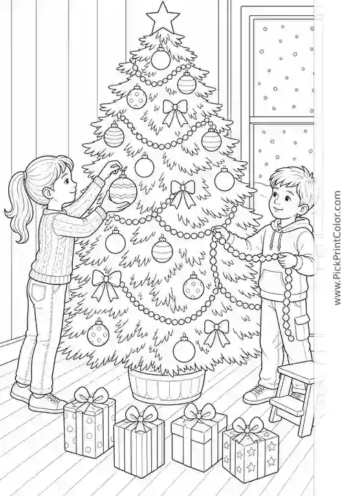 Children Decorating a Tall Christmas Tree black-and-white printable coloring page