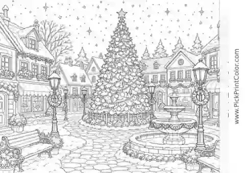 Christmas Village Square Under the Stars black-and-white printable coloring page