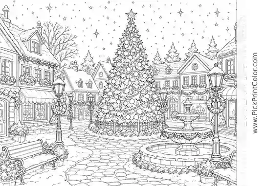 Christmas Village Square Under the Stars black-and-white printable coloring page