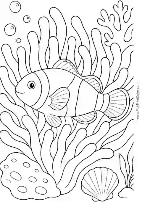 Clownfish among Large Anemone Tentacles printable black-and-white coloring page