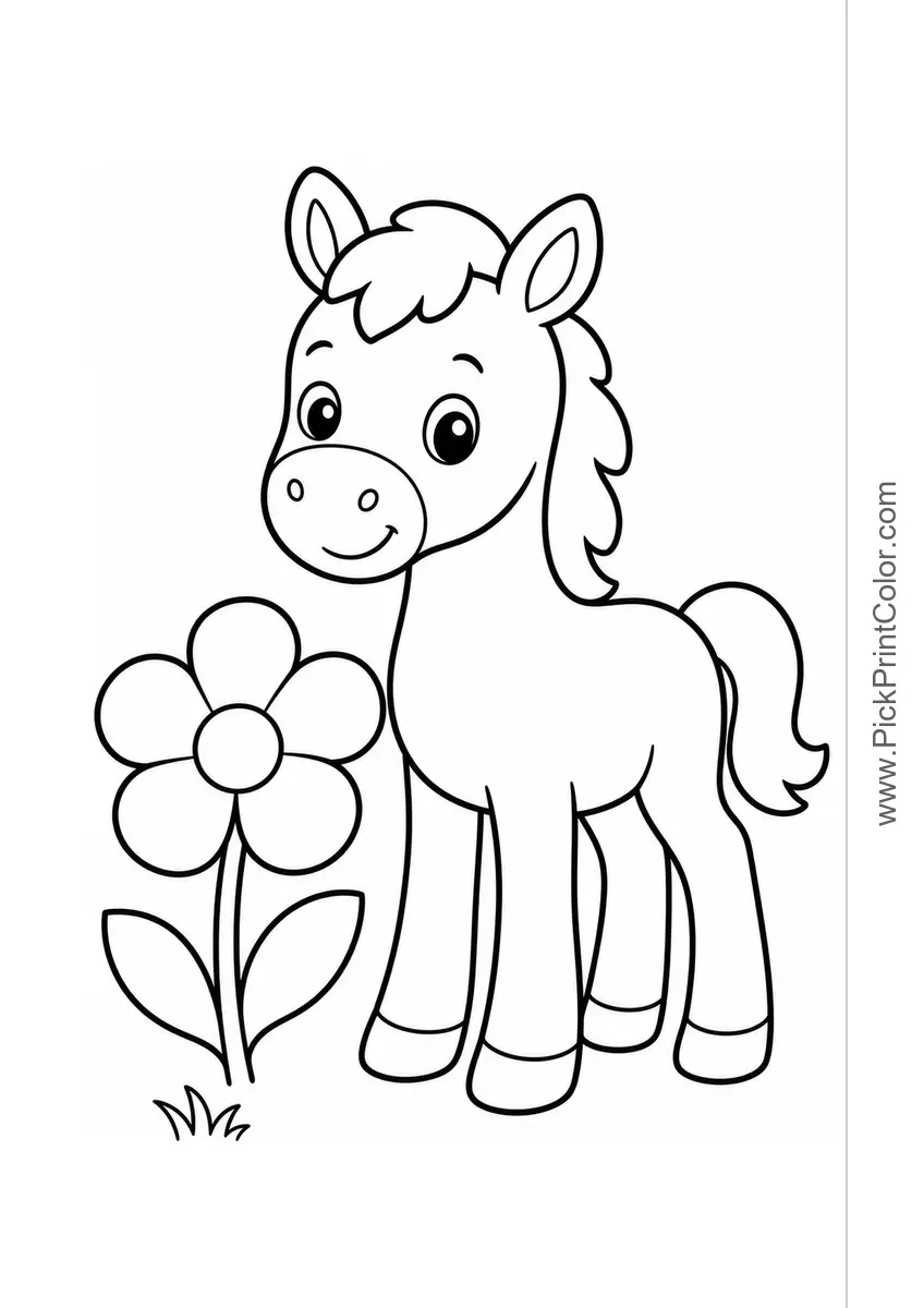 Friendly Foal with a Flower printable coloring page