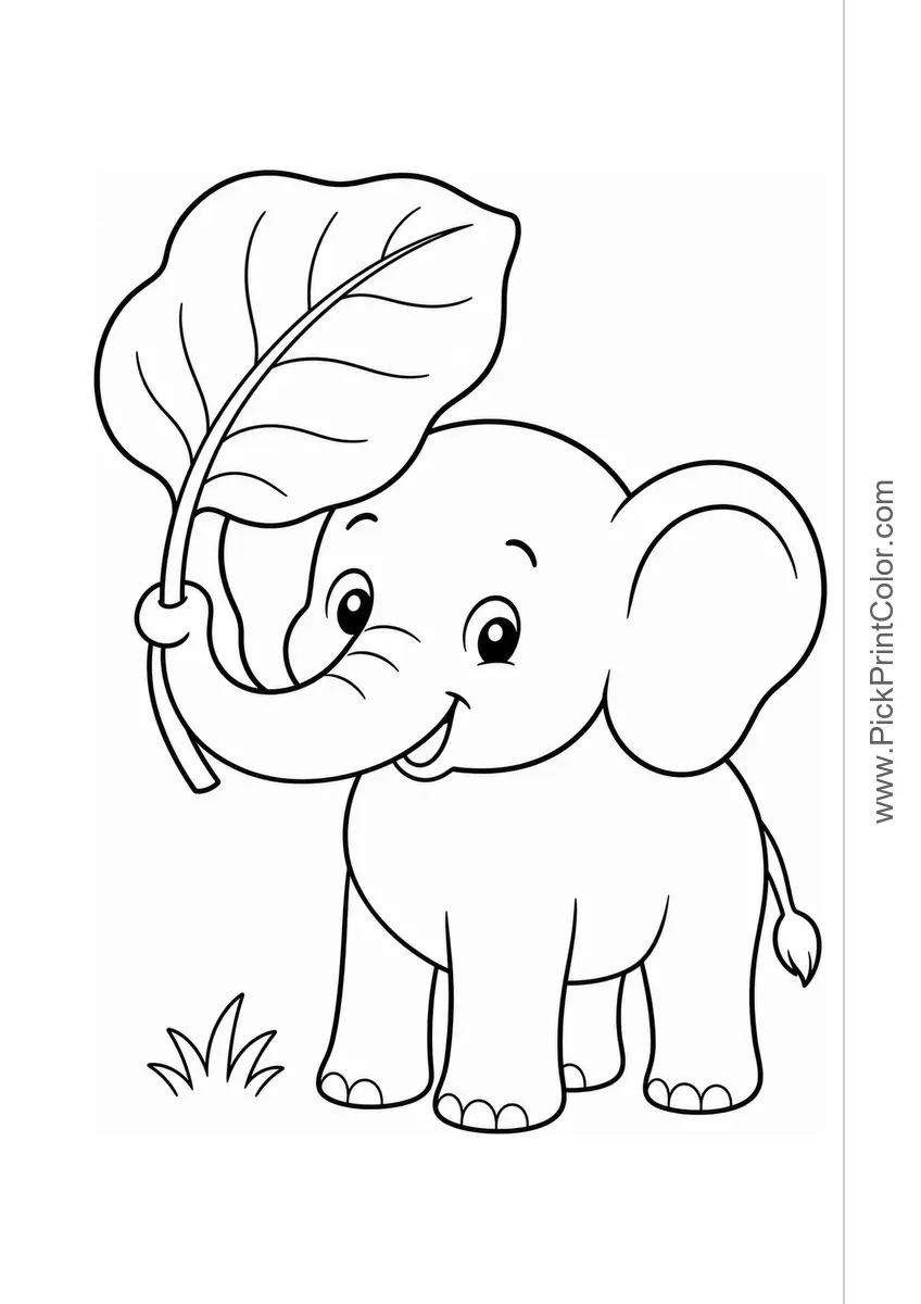 Baby Elephant with a Big Leaf printable coloring page
