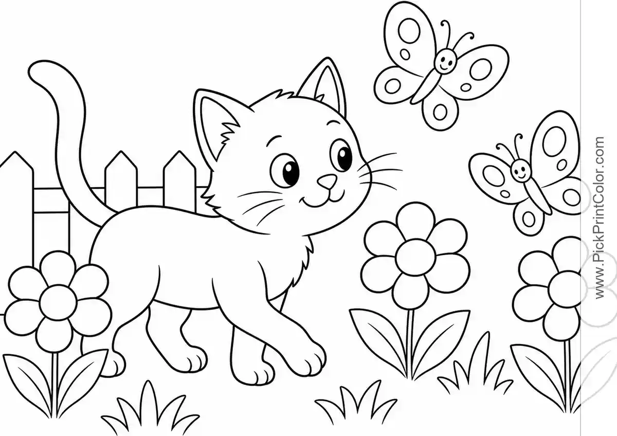 Cat in a Butterfly Garden printable coloring page