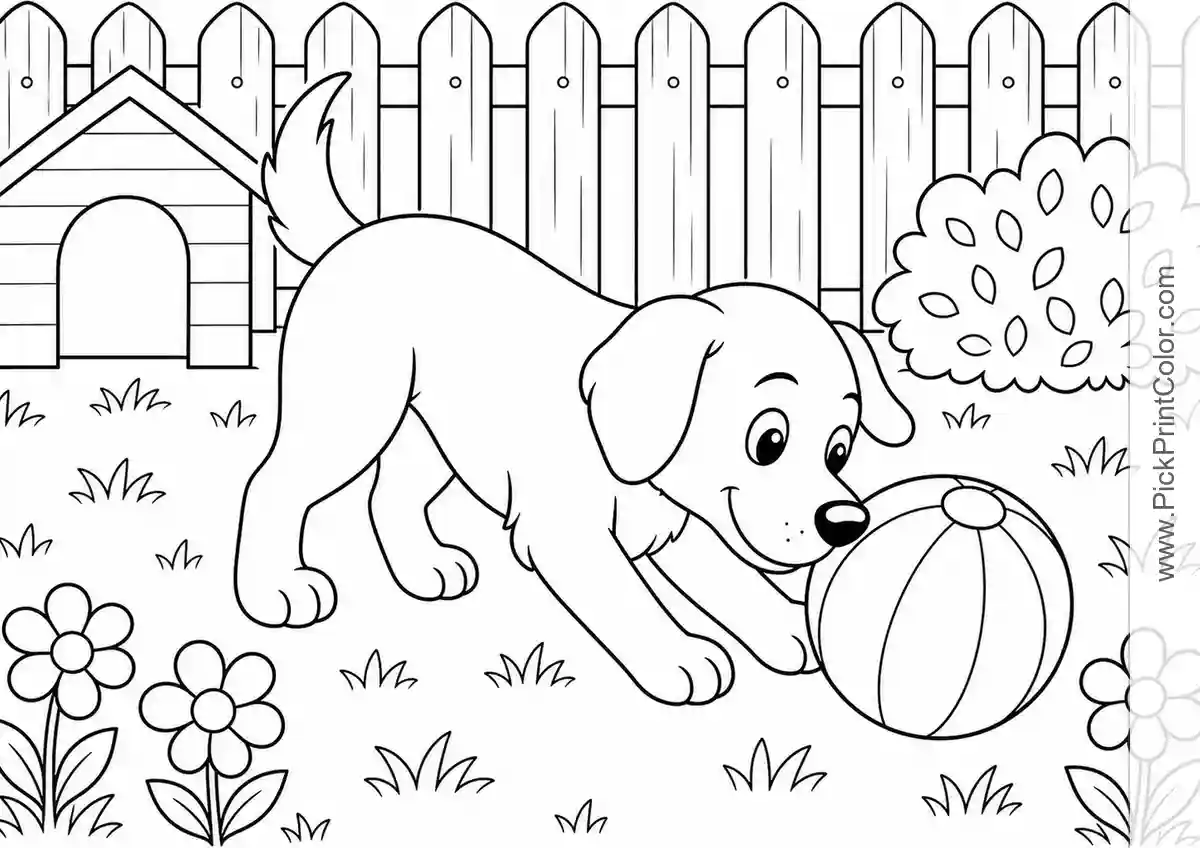 Dog Playing in the Backyard printable coloring page