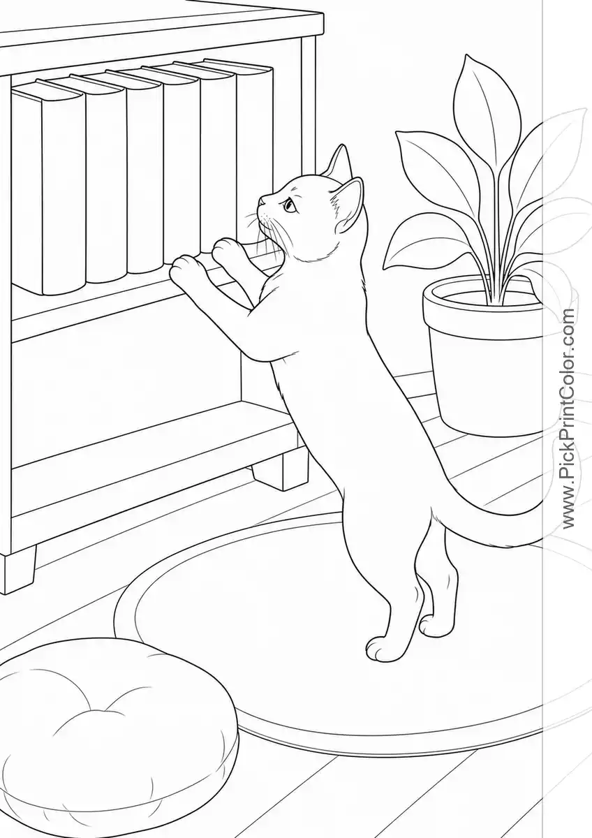 Curious Cat by the Bookshelf printable coloring page
