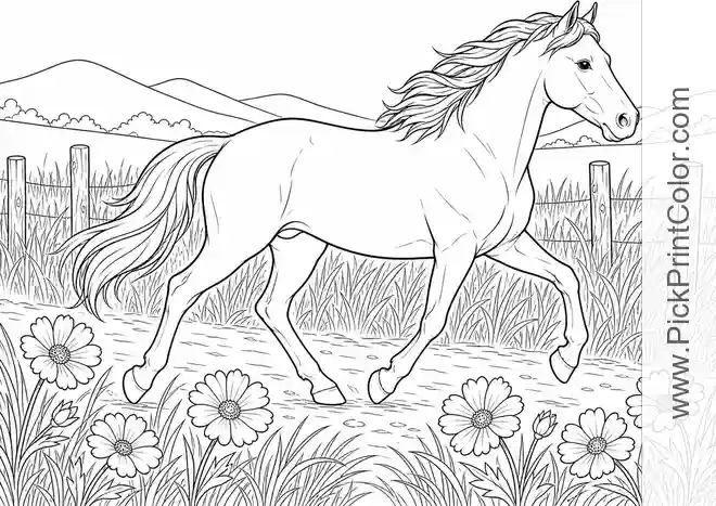 Horse Trotting Through a Meadow printable coloring page