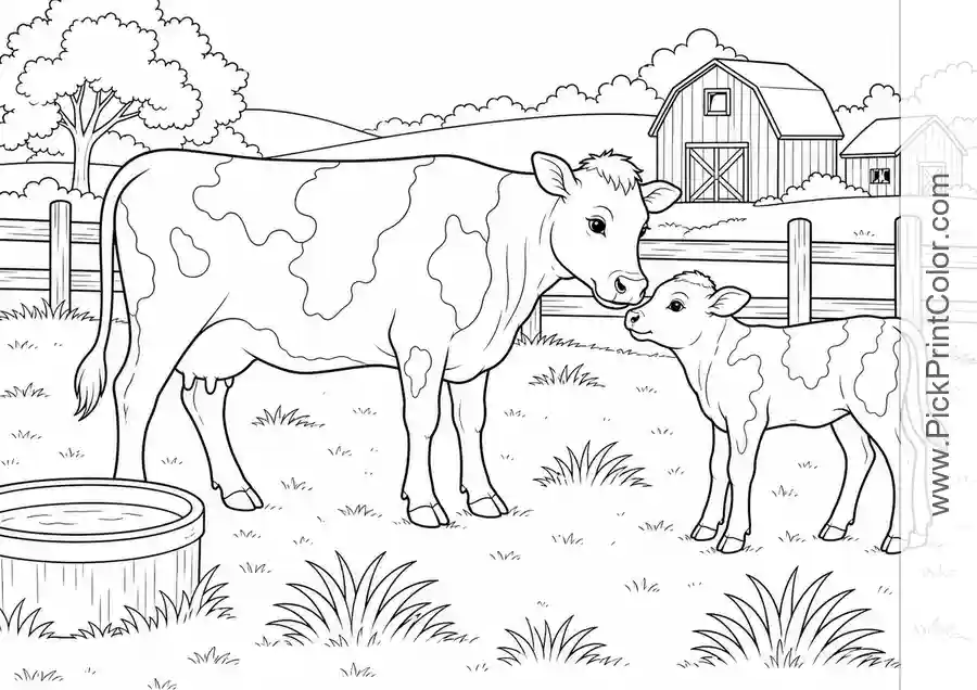 Cow and Calf in the Pasture printable coloring page