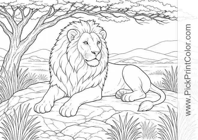 Lion Resting on the Savanna printable coloring page