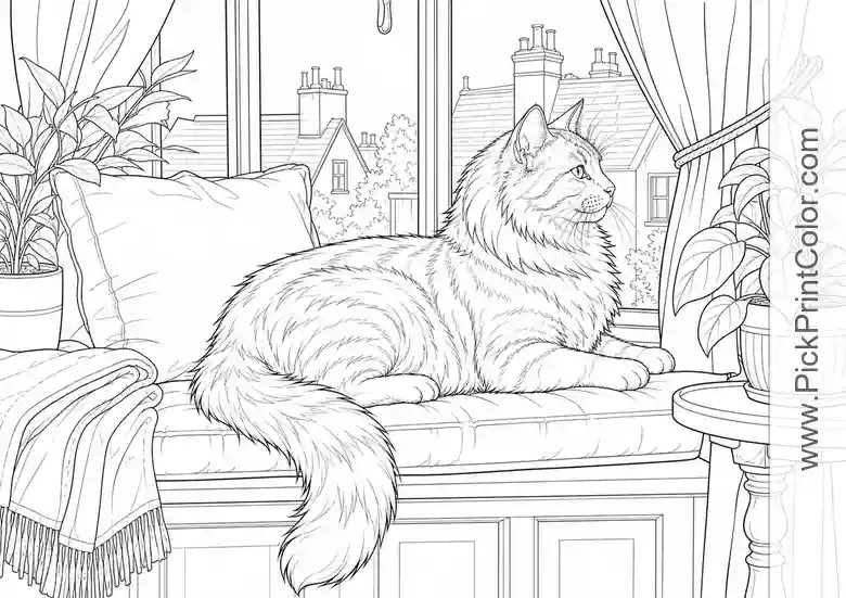 Realistic Cat on a Window Seat printable coloring page